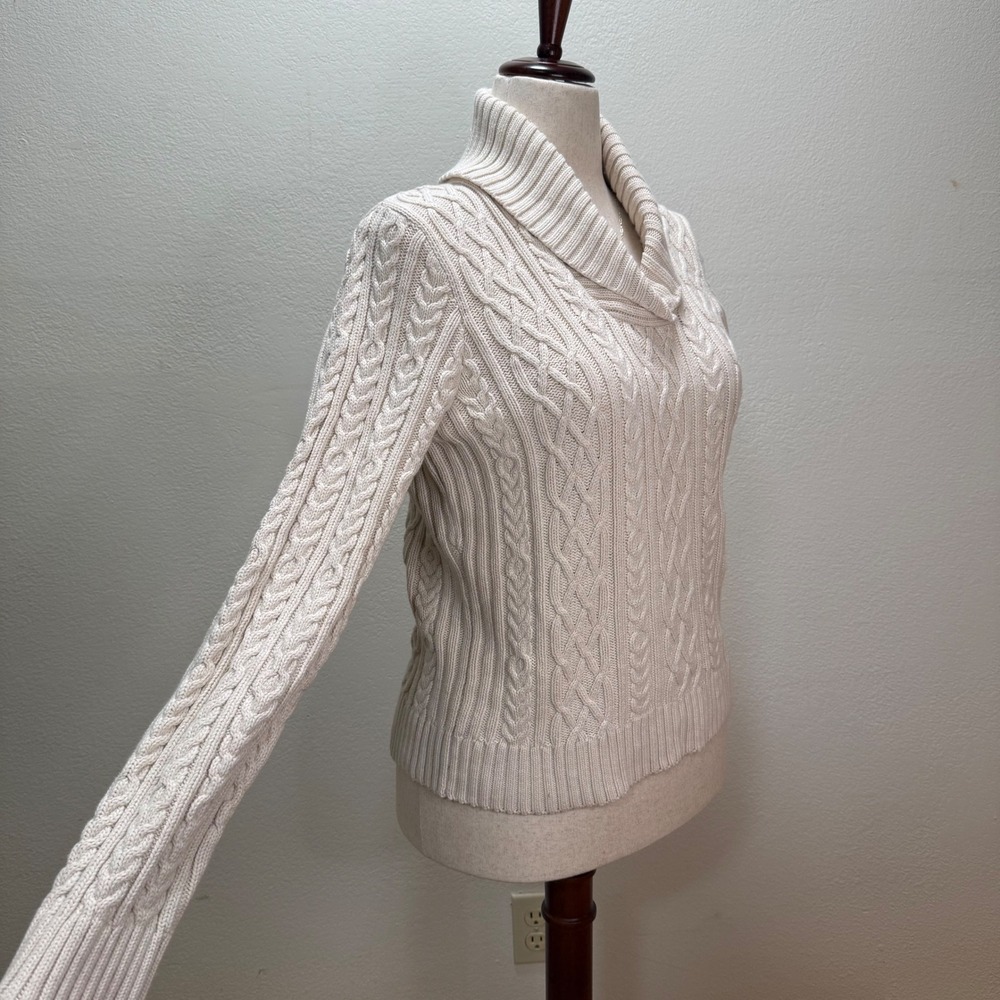 Willi Smith Shall Neck Chunky Cable Knit Cream Coastal Sweater Women Large - Picture 3 of 12